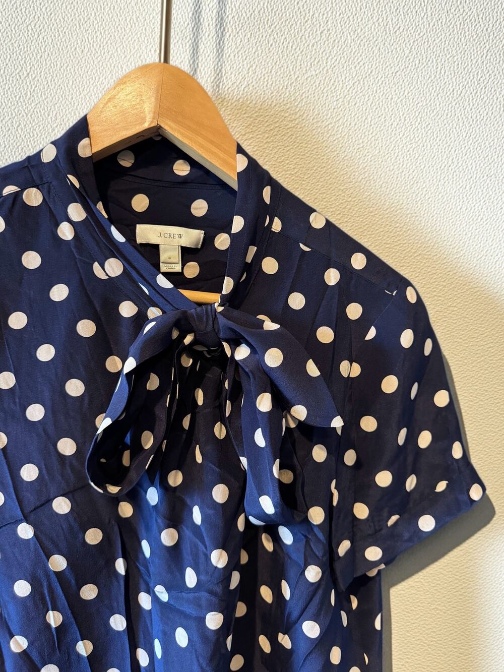 J.Crew | 100% Silk Navy Blue + White Polka Dot Short Sleeve Bow Blouse | Size 8